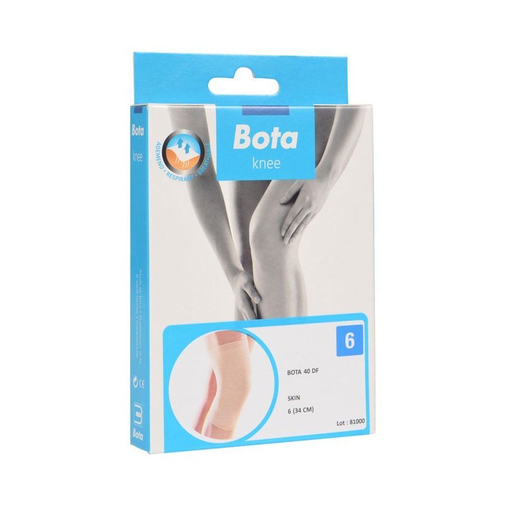 Boîte de genouillère Bota, taille 6. Carton bleu clair avec image du produit et logo.