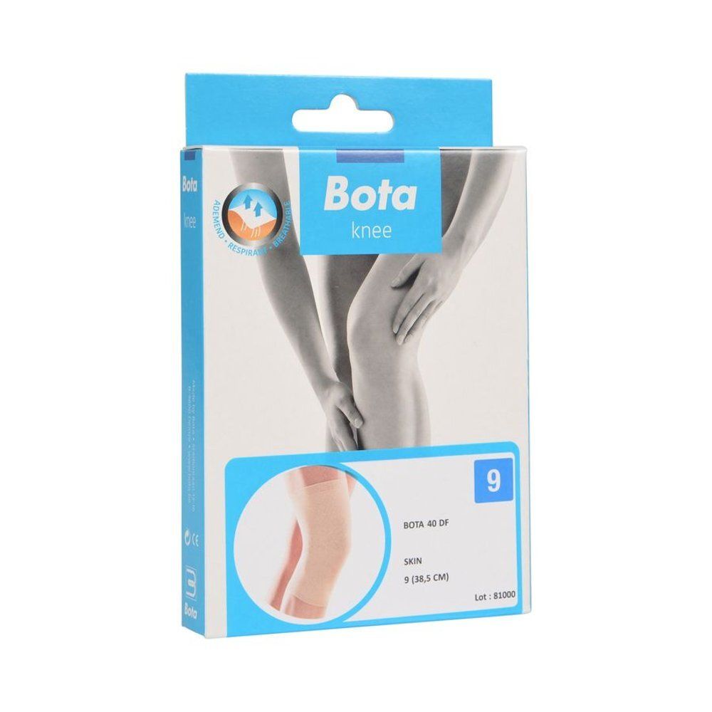 Verpakking Bota knee, maat 9. Bevat kniebrace. Opschrift: Bota 40 DF, Skin. Illustratie van been met brace.