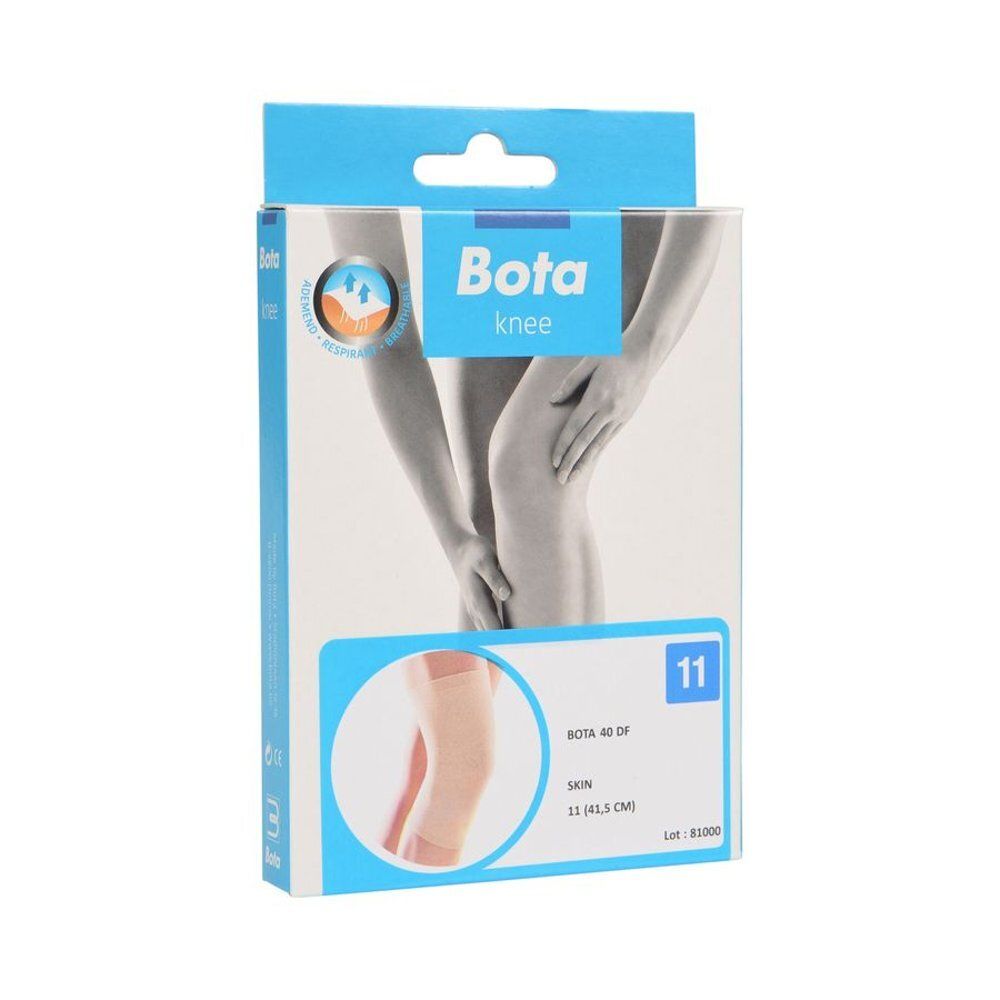 Voorkant van de Bota knee verpakking, maat 11. Toont een kniebrace. Opschriften: Bota, knee, Bota 40 DF, 11 (41,5 cm).