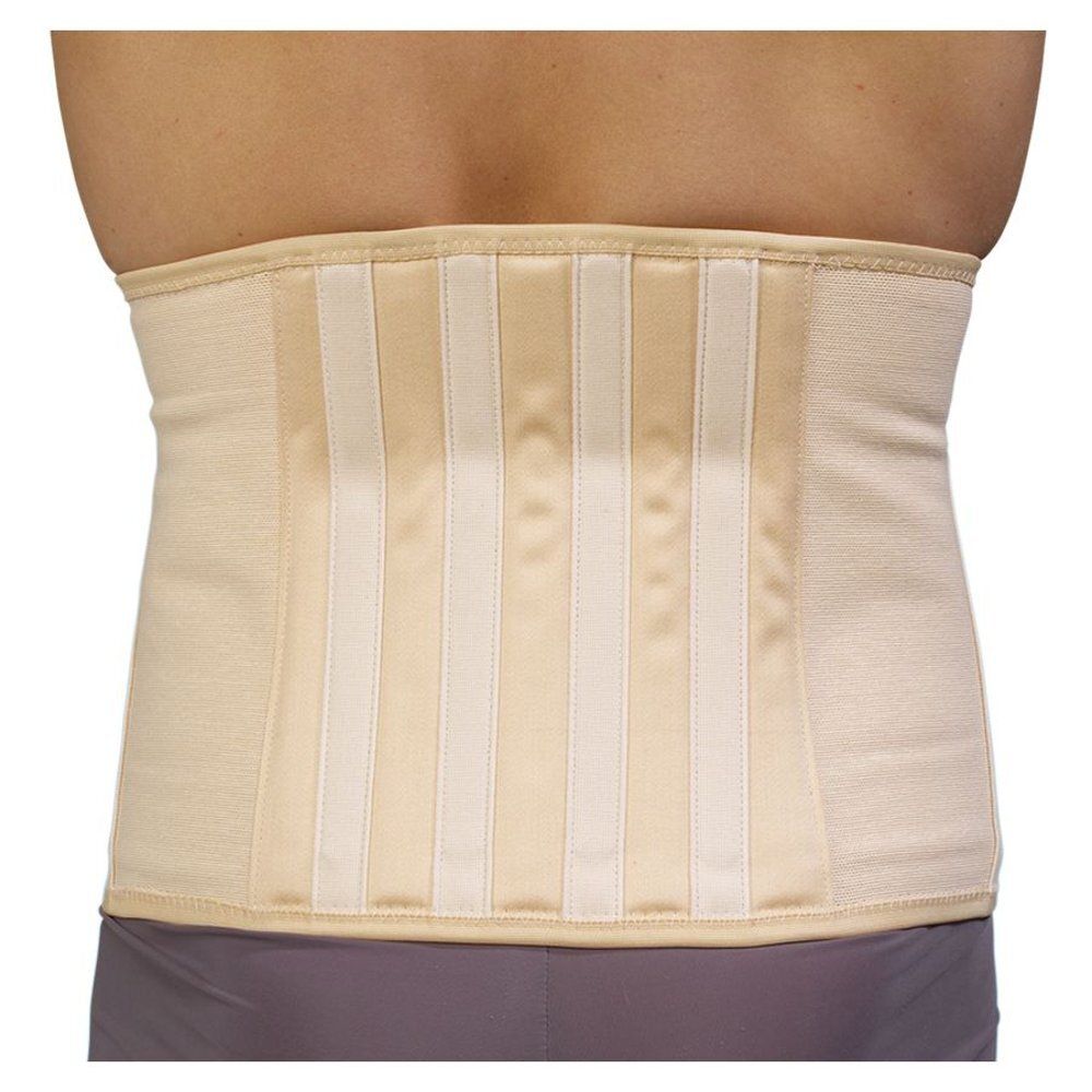 Support dorsal beige avec renforts verticaux. Porté sur le dos d'une personne.
