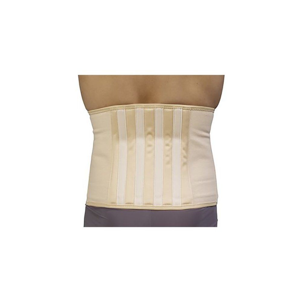 Support dorsal beige avec renforts verticaux. Porté sur le dos d'une personne.
