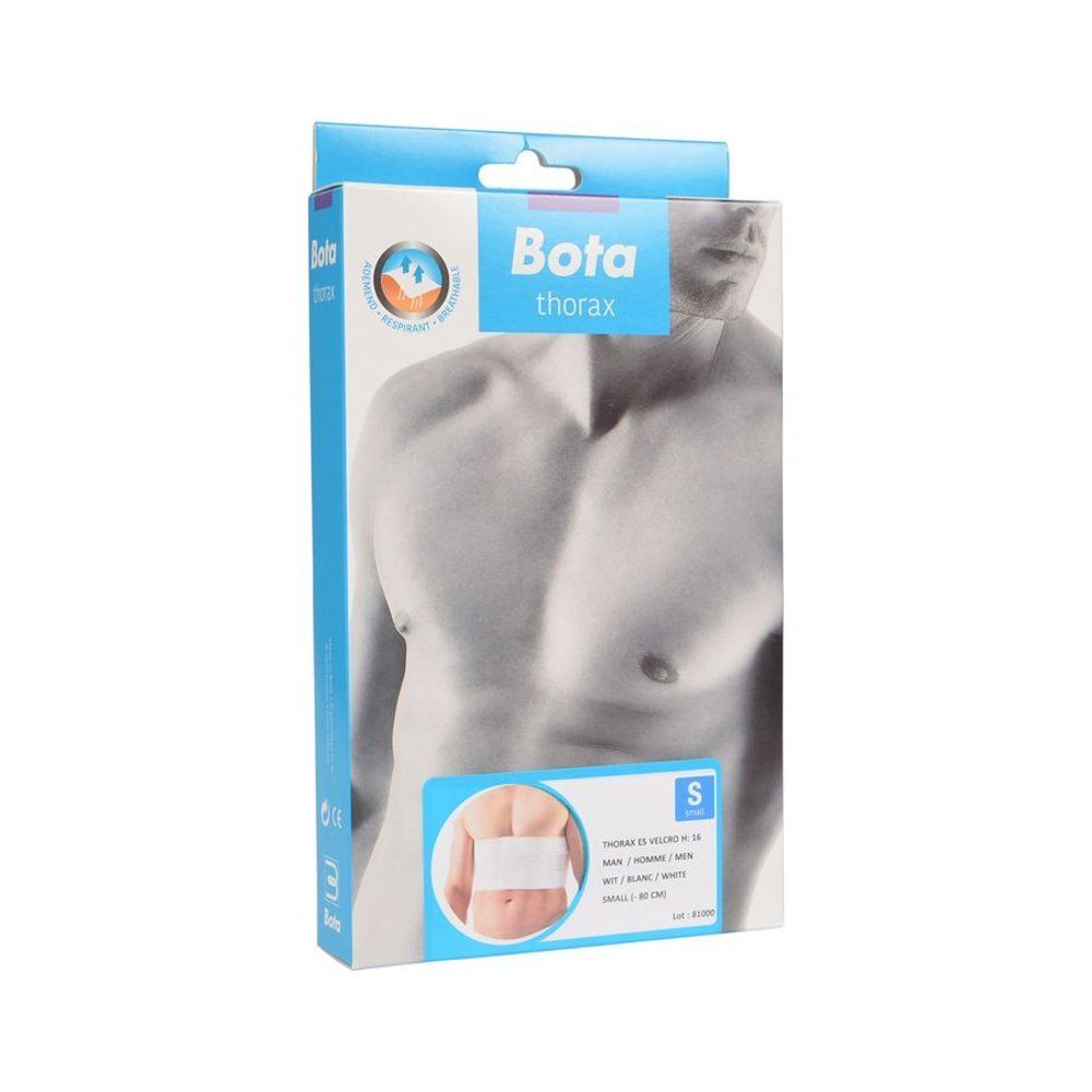 Bota Thorax verpakking, voorkant. Afbeelding van een man. Maat S. Productinformatie.