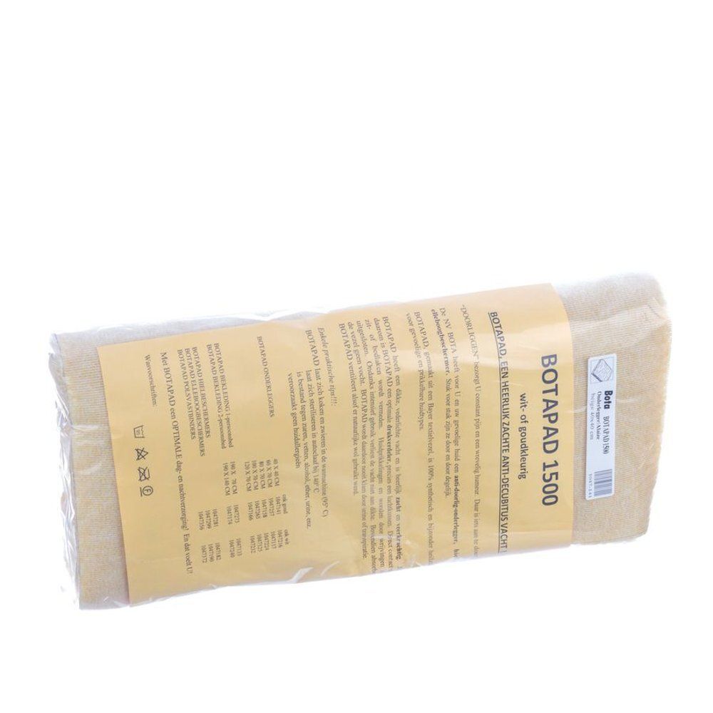 Verpakt product, beige. Opschrift: BOTAPAD 1500. Tekst op verpakking. Etiket met barcode. Vermoedelijk een wellnessproduct.