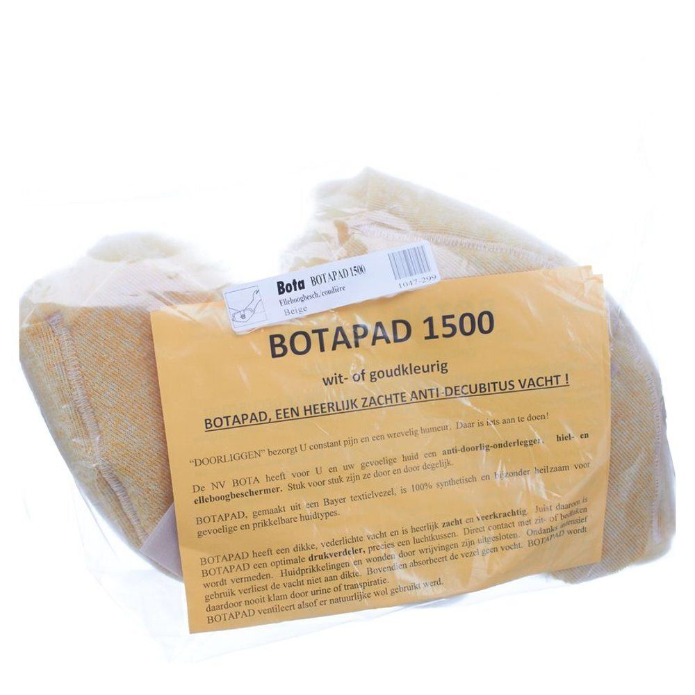 Botapad 1500 protège-coude dans un emballage plastique. Produit beige avec étiquette. Texte en néerlandais.