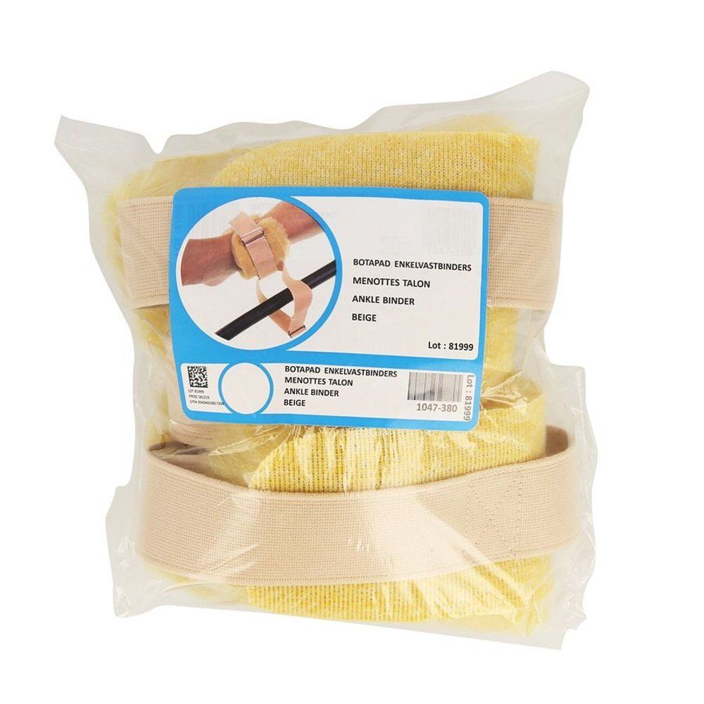Attelle de cheville beige dans un emballage plastique. Étiquette avec texte: Botapad, Beige, Ankle Binder.