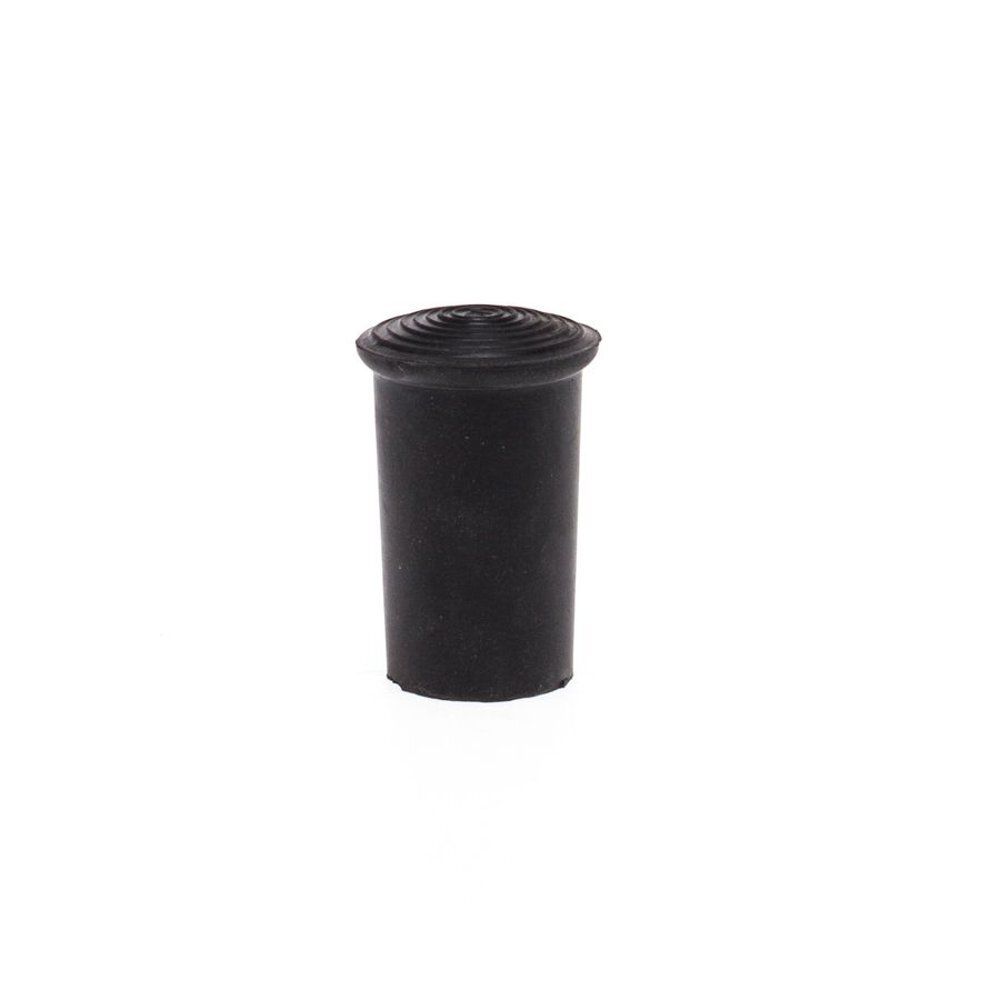 Zwarte rubberen stop. Cilindrische vorm met geribbelde bovenkant. Diameter 18mm.