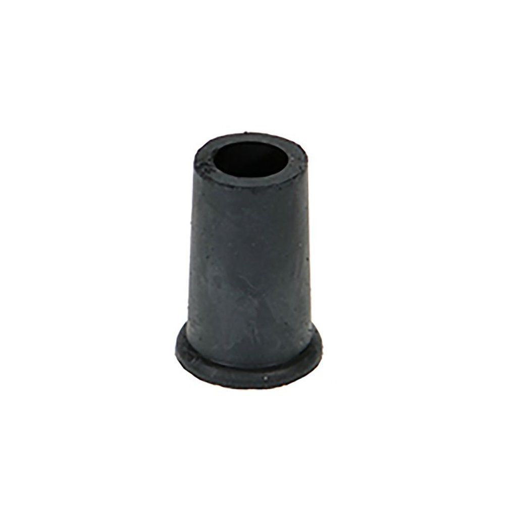 Zwarte rubberen dop voor wandelstok. Cilindrische vorm, brede basis, gat in het midden.