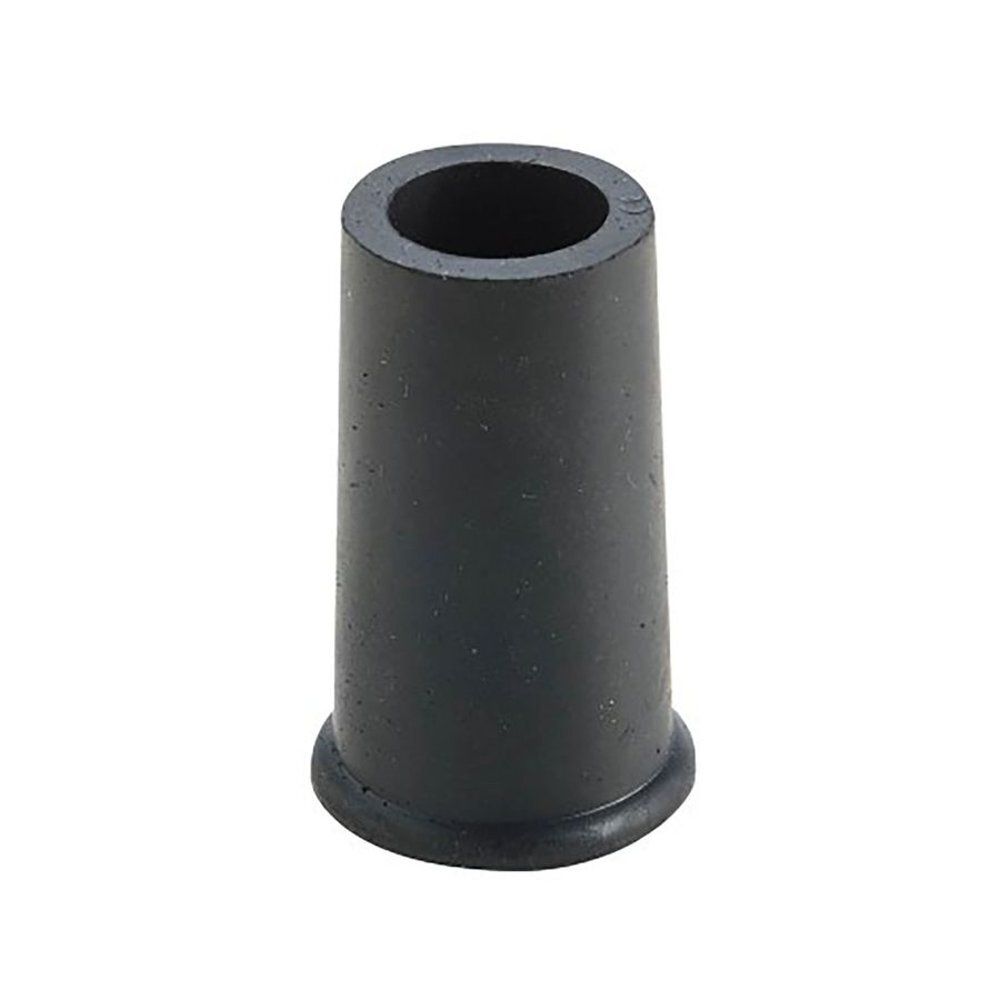 Zwarte rubberen dop voor wandelstok. Cilindrische vorm, brede basis, gat in het midden.