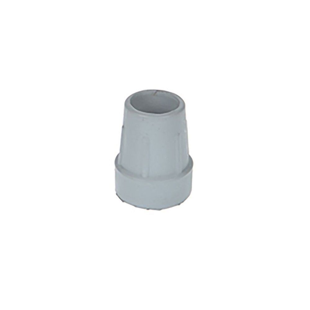 Embout de béquille en caoutchouc gris. Forme conique. Ouverture cylindrique en haut. Sur fond blanc.