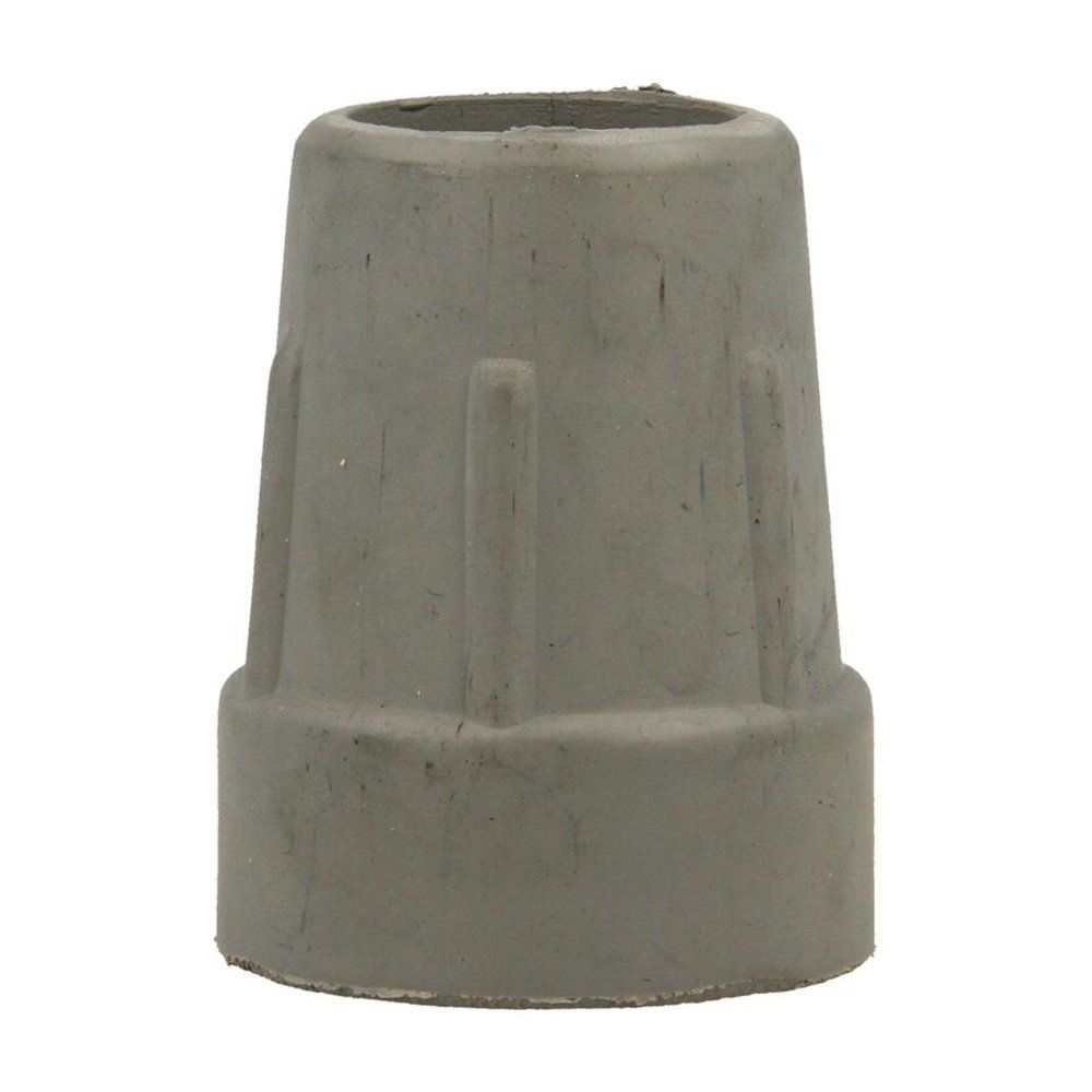 Embout de béquille en caoutchouc gris. Forme conique avec surface rainurée. Ouverture cylindrique en haut. Gros plan.
