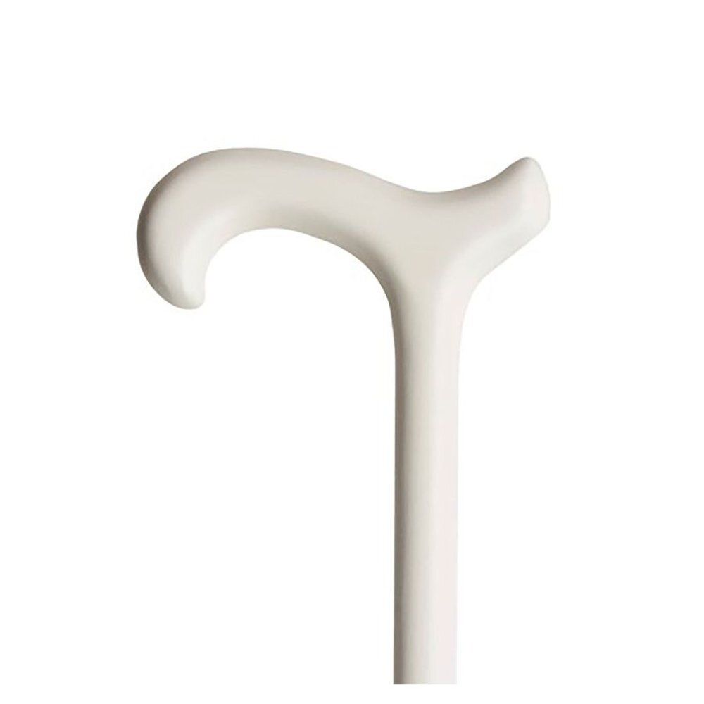 Close-up van een witte Derby wandelstok met gebogen handvat.