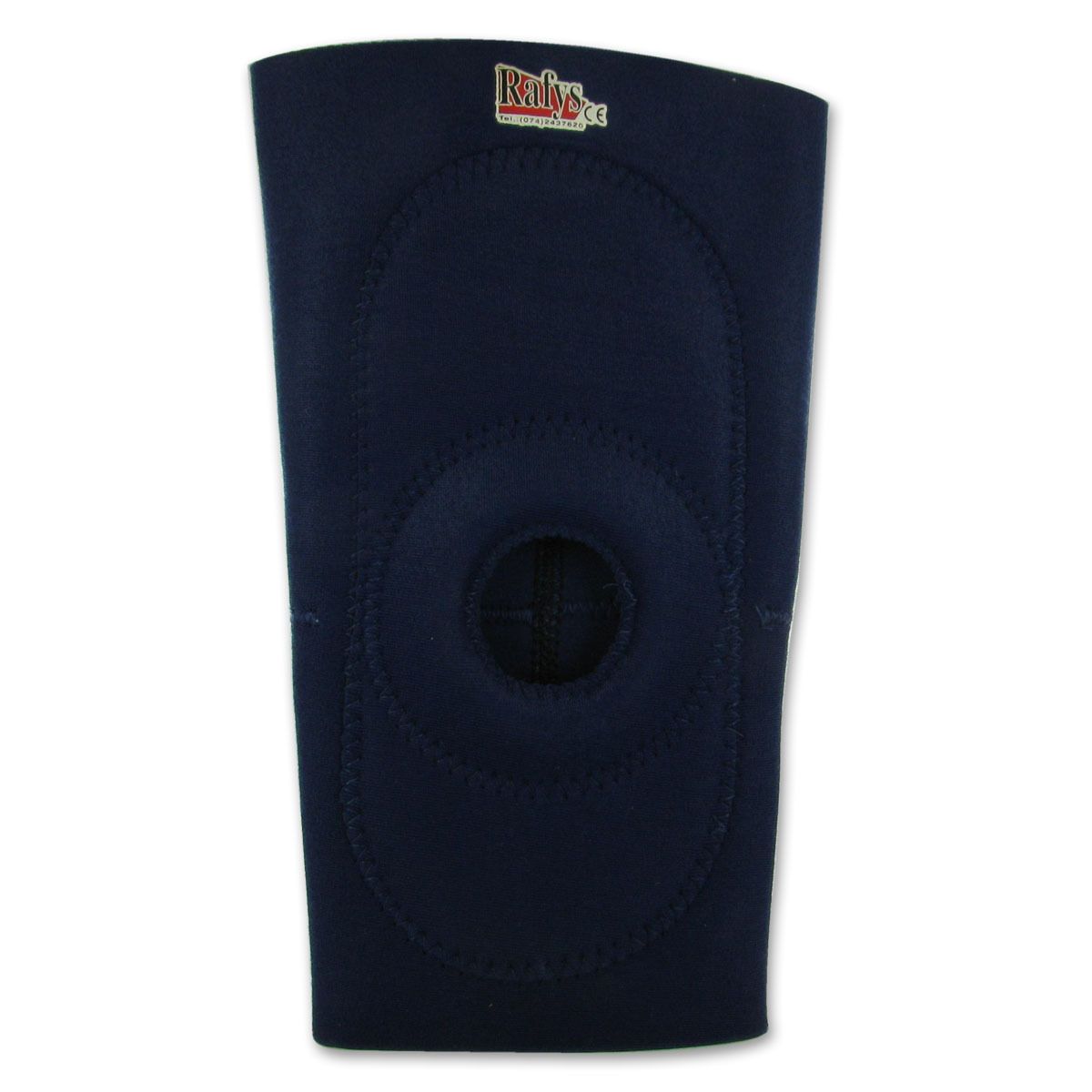 Blauwe kniebrace van neopreen. Met rond gat en logo. CE-markering.