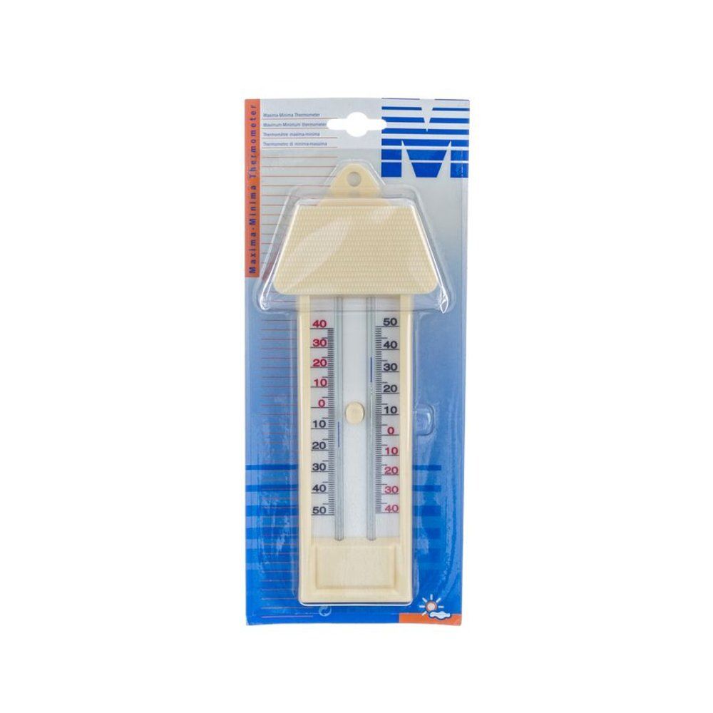 Thermomètre en plastique beige, présenté dans un emballage blister. Graduation en degrés Celsius. Comprend des éléments supérieurs et inférieurs.