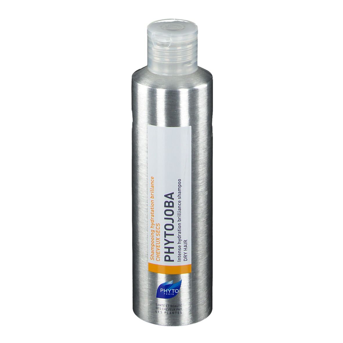 Flacon de shampooing argenté avec étiquette blanche. Inscription : PHYTOJOBA, Shampooing hydratation brillance, cheveux secs.