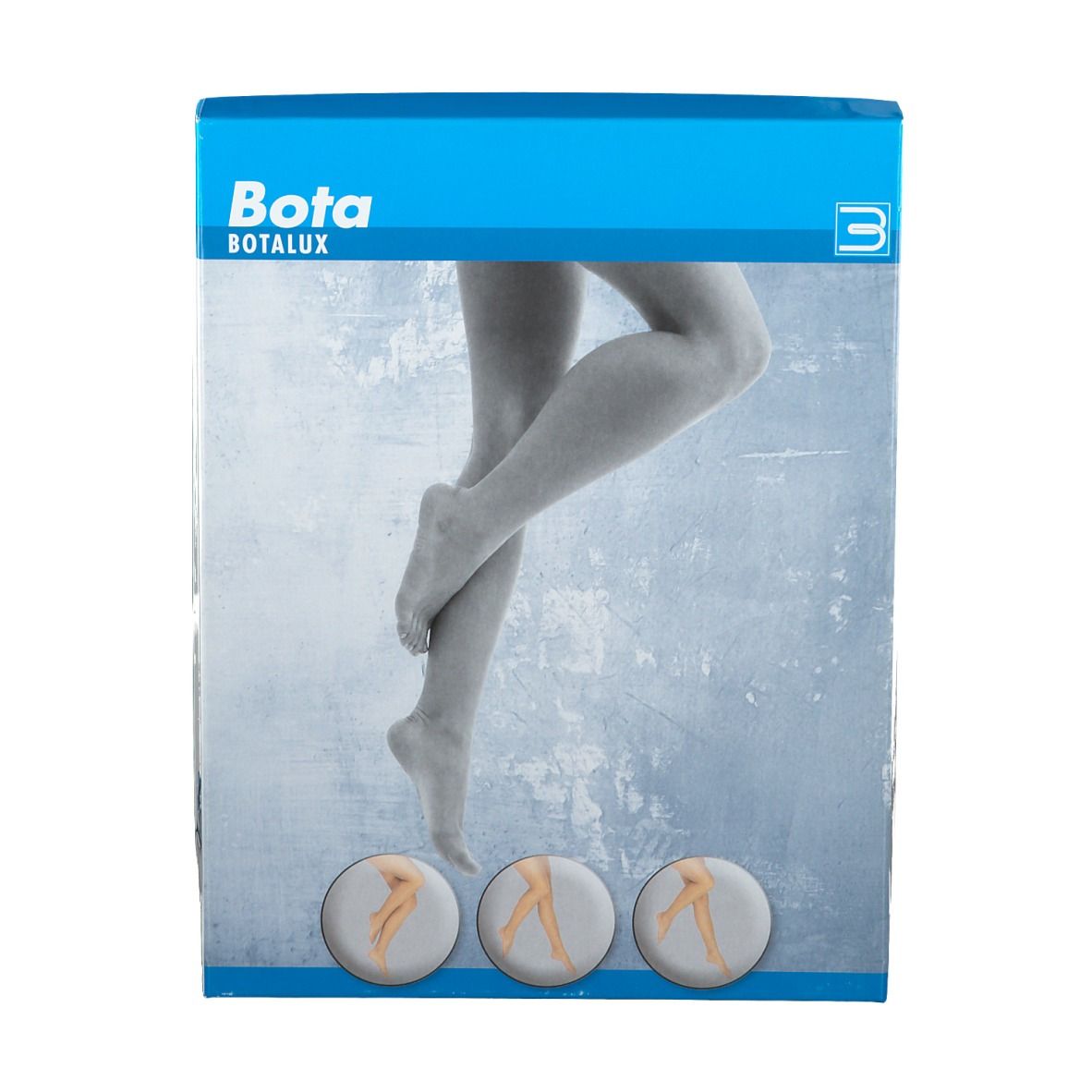 Verpakking met Bota-logo. Illustratie van benen met compressiekousen. Drie productafbeeldingen onderaan.