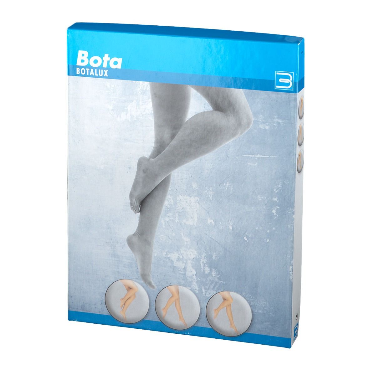 Verpakking met Bota-logo. Illustratie van benen met compressiekousen. Drie productafbeeldingen onderaan.