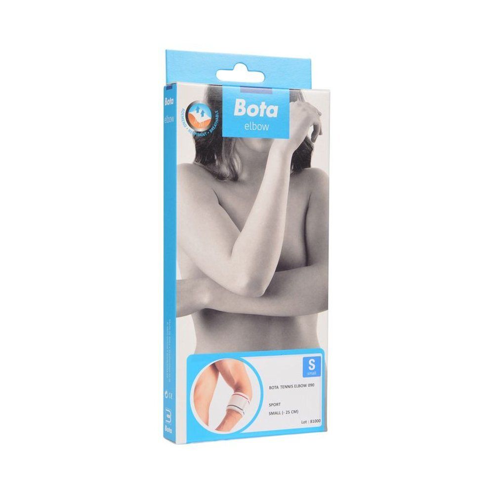 Bota Tennisarm 090 Small op de arm. Wit met blauwe en rode strepen. Product gedragen op de elleboog.