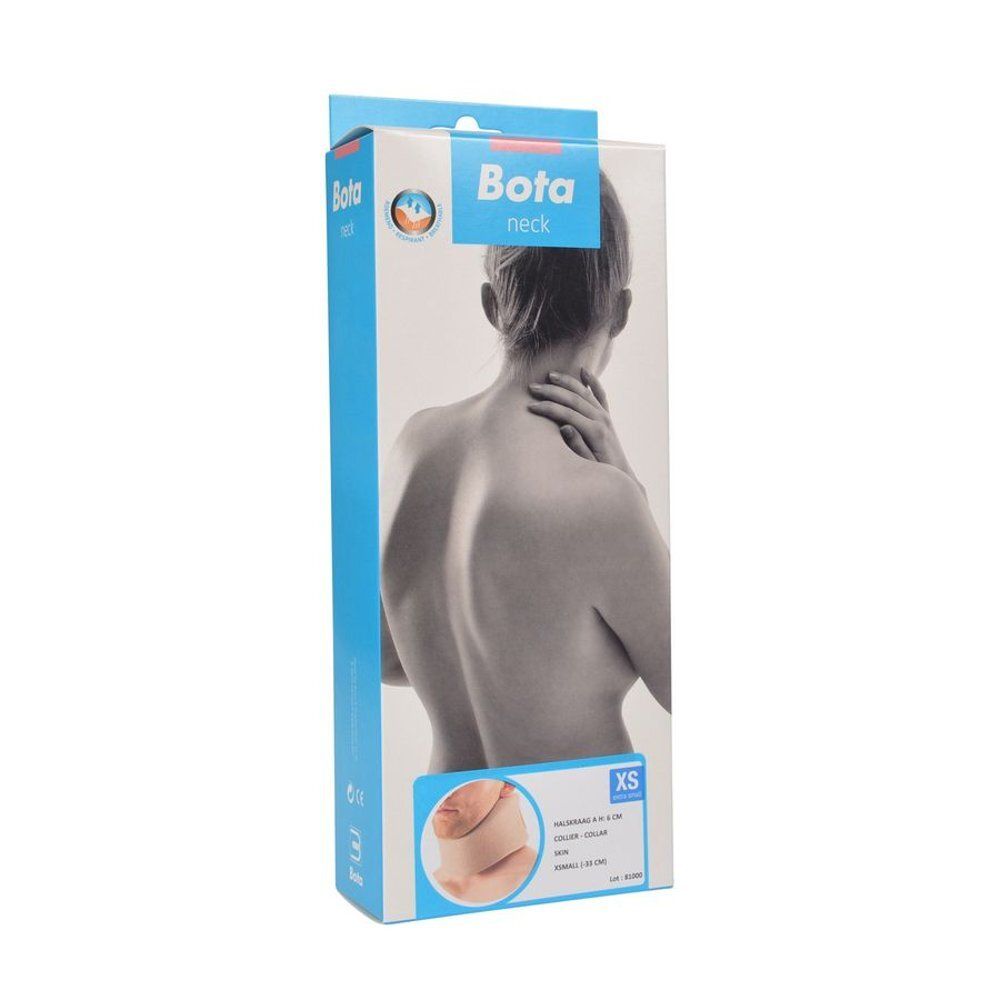 Verpakking voor Bota nekkraag. Model A, Extra Small. Blauwe en witte doos met productafbeelding.