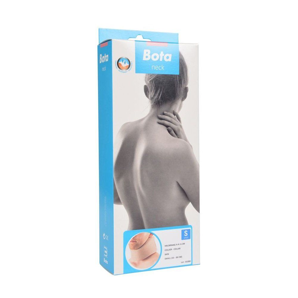 Productverpakking van Bota neck. Blauwe doos met afbeelding van een vrouw en productillustratie.