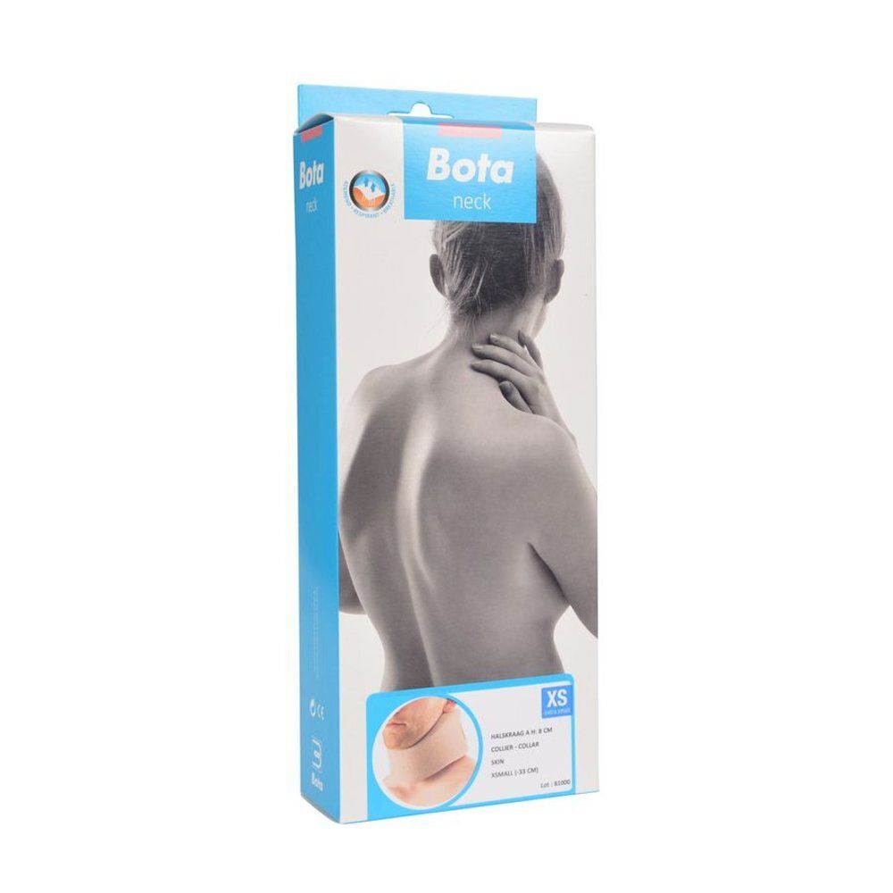Productverpakking met de productnaam Bota neck. Op de verpakking staat een vrouw die haar nek vasthoudt.