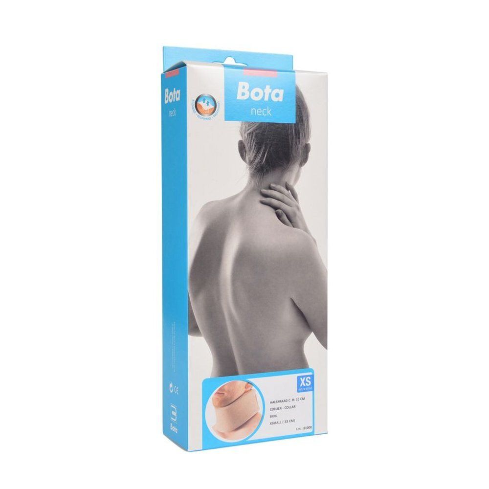 Emballage Bota neck, Model C Skin XS. Boîte bleu clair avec image du produit et indication de taille XS.