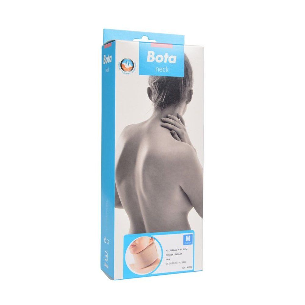 Persoon met beige nekkraag. Zichtbaar merk niet aanwezig. Close-up.