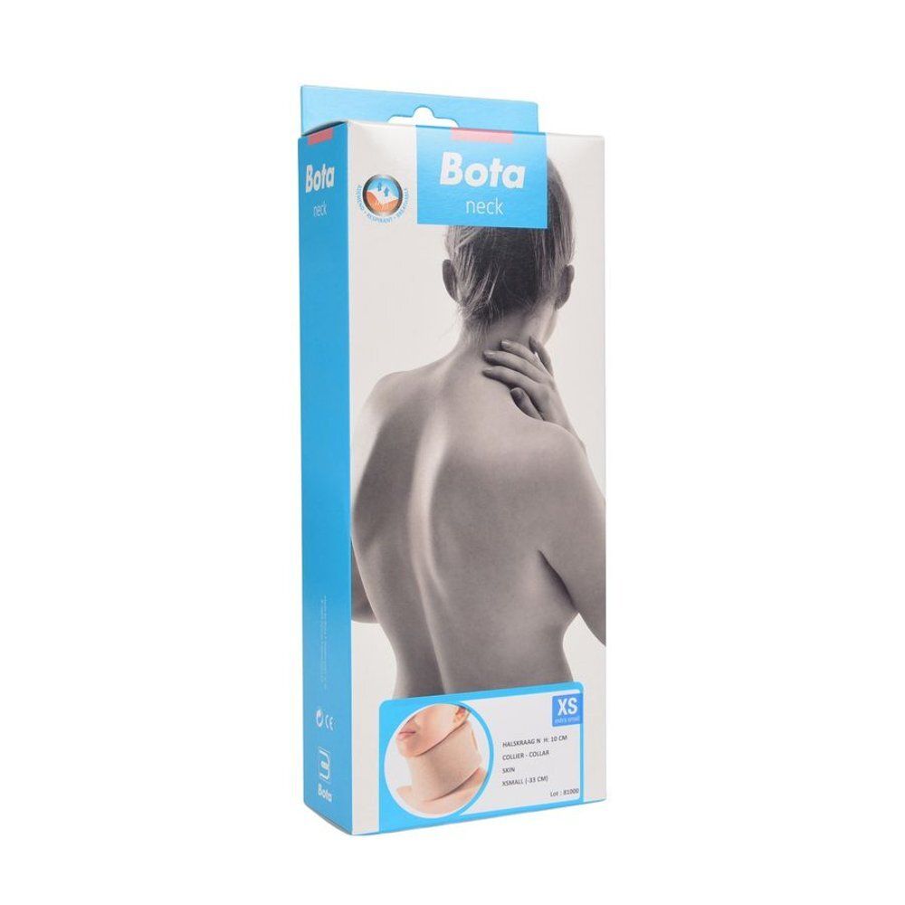 Verpakking van de halskraag. Opschrift: Bota neck, XS. Illustratie van een persoon met de kraag.