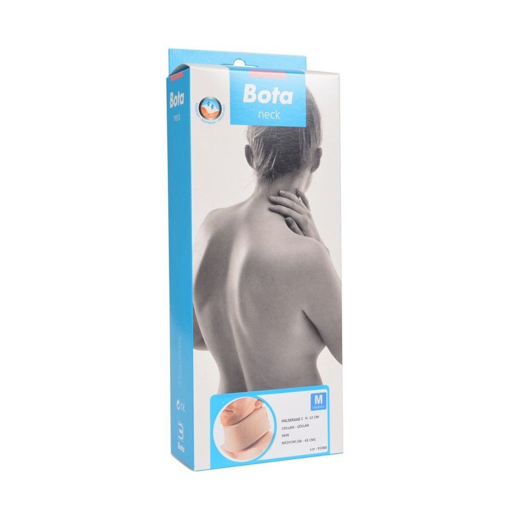 Emballage de collier cervical. Bleu et blanc. Nom du produit 'Bota neck' et taille 'M' visibles.