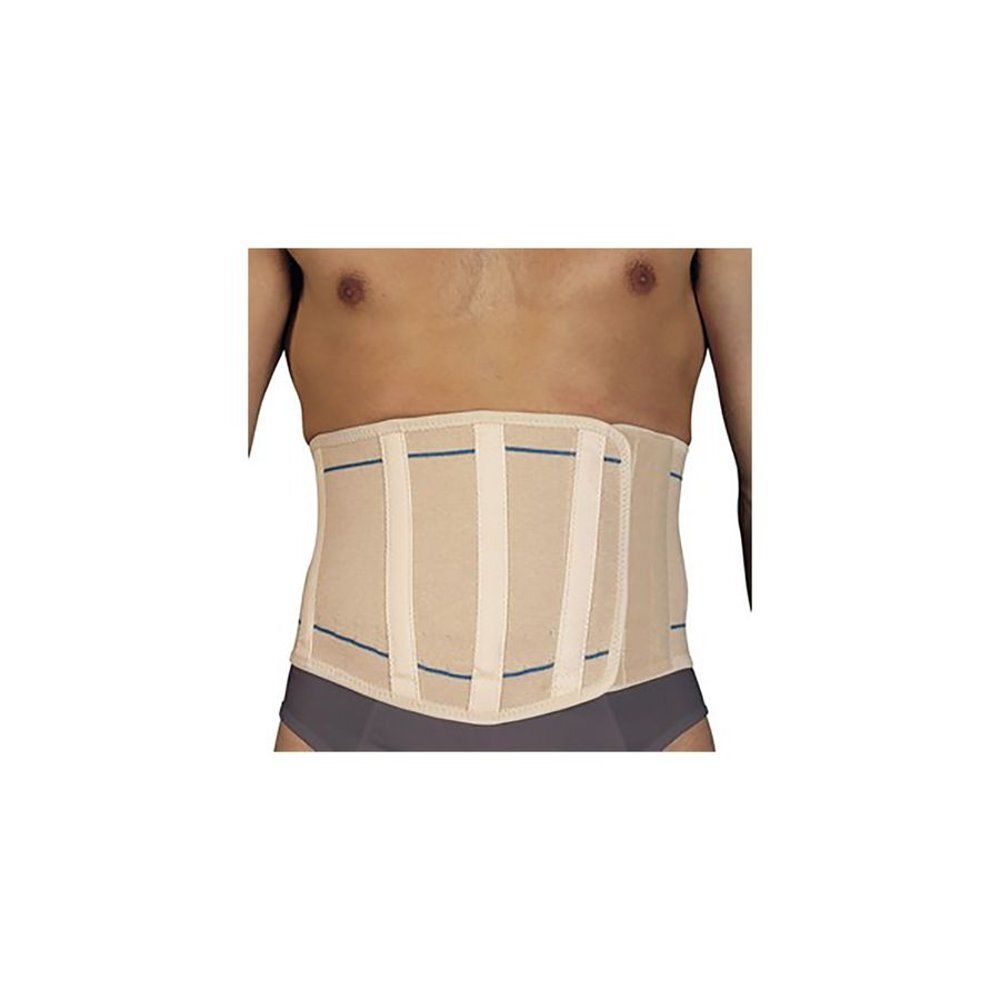 Ceinture de soutien lombaire beige, avec renforts verticaux et lignes bleues. Portée sur un corps.
