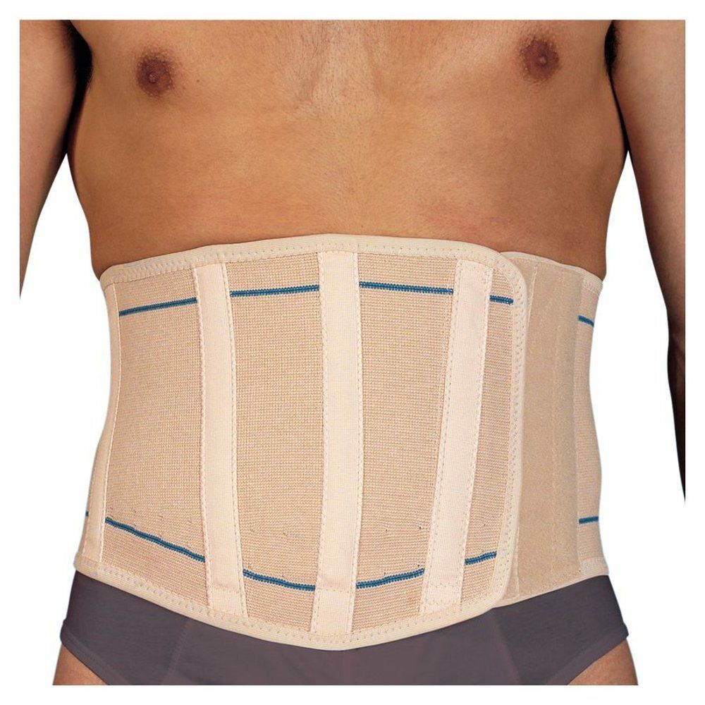 Ceinture de soutien lombaire beige, avec renforts verticaux et lignes bleues. Fermeture velcro.
