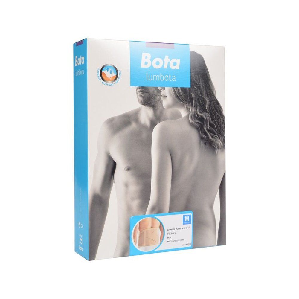 Emballage Bota lumbota. Boîte avec image du produit, informations de taille et nom du produit. Combinaison de couleurs bleu et blanc.