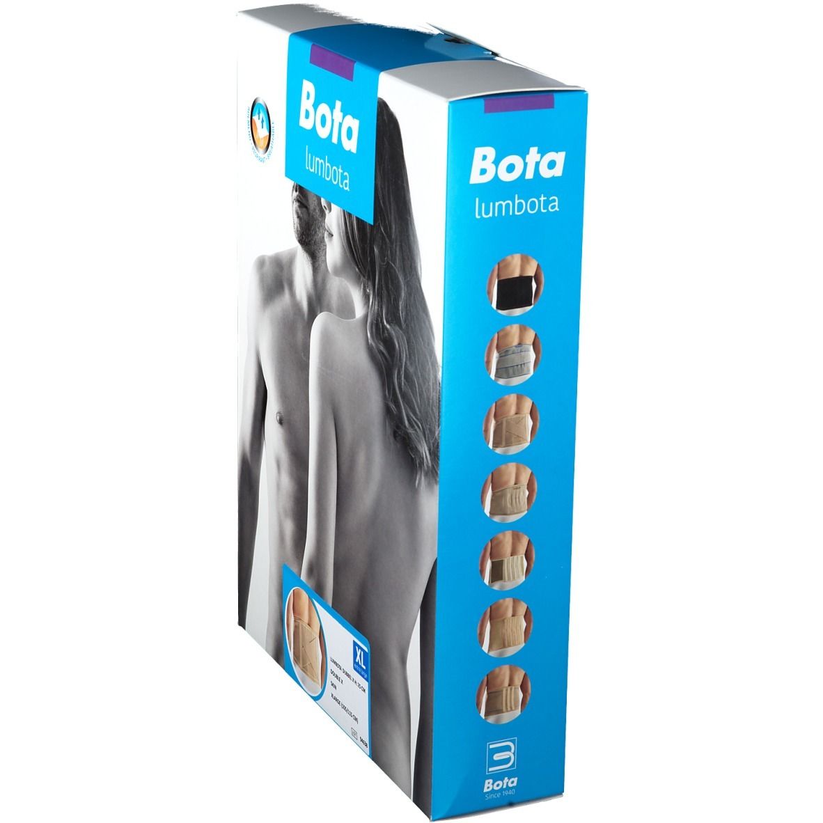 Bota Lumbota Dubx XL-verpakking. Zijaanzicht met productafbeelding en maatindicaties. Logo en productnaam.