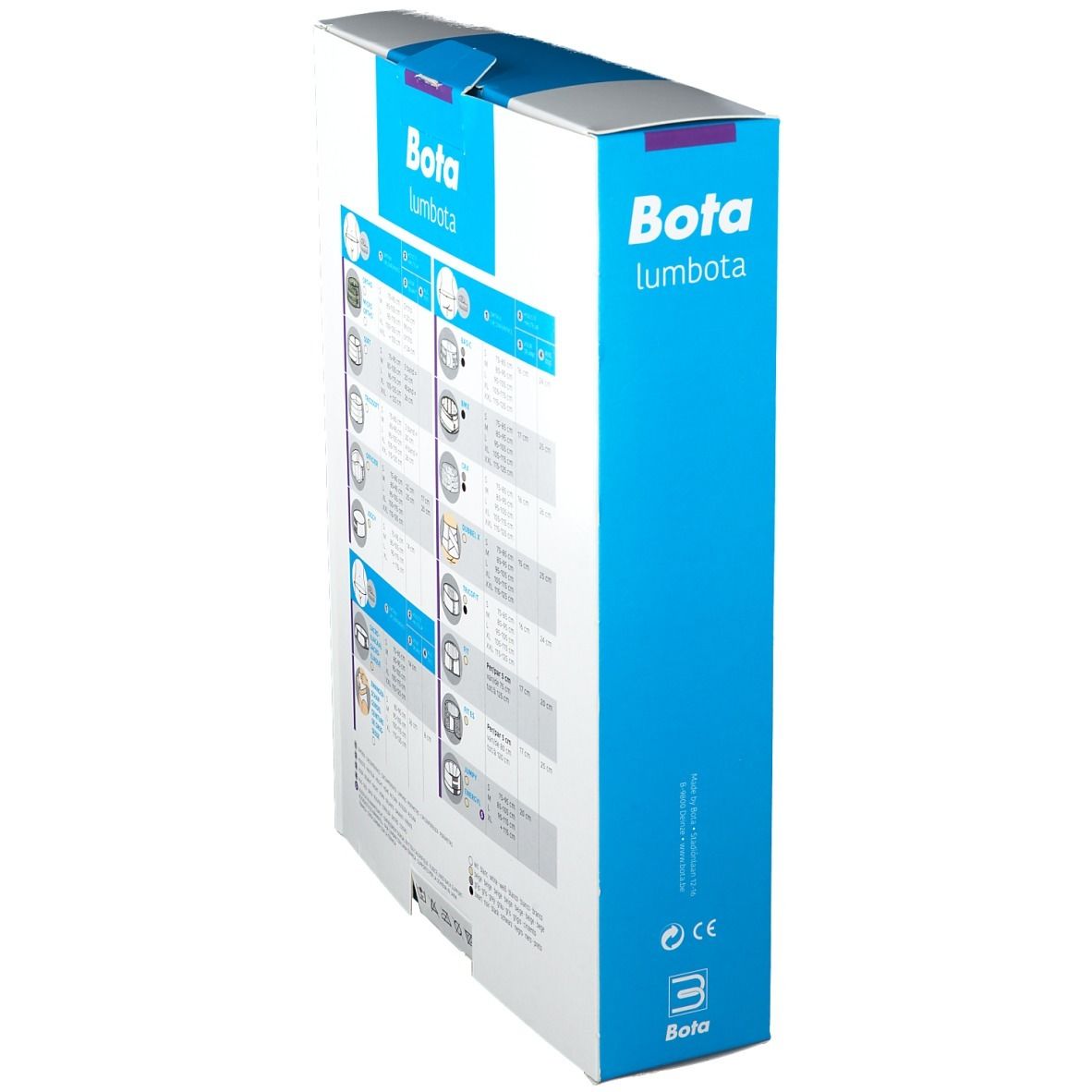 Bota Lumbota Dubx XL-verpakking. Zijaanzicht met productillustraties en maatindicaties. Logo en productnaam.