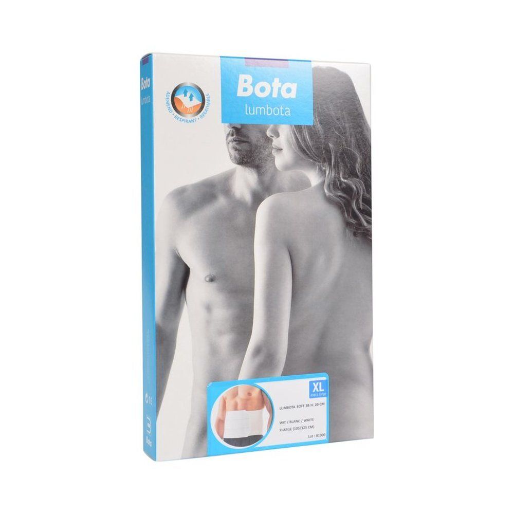 Emballage Bota Lumbota. Inscription : Bota Lumbota, XL. Illustration : homme et femme. Image du produit : produit blanc.