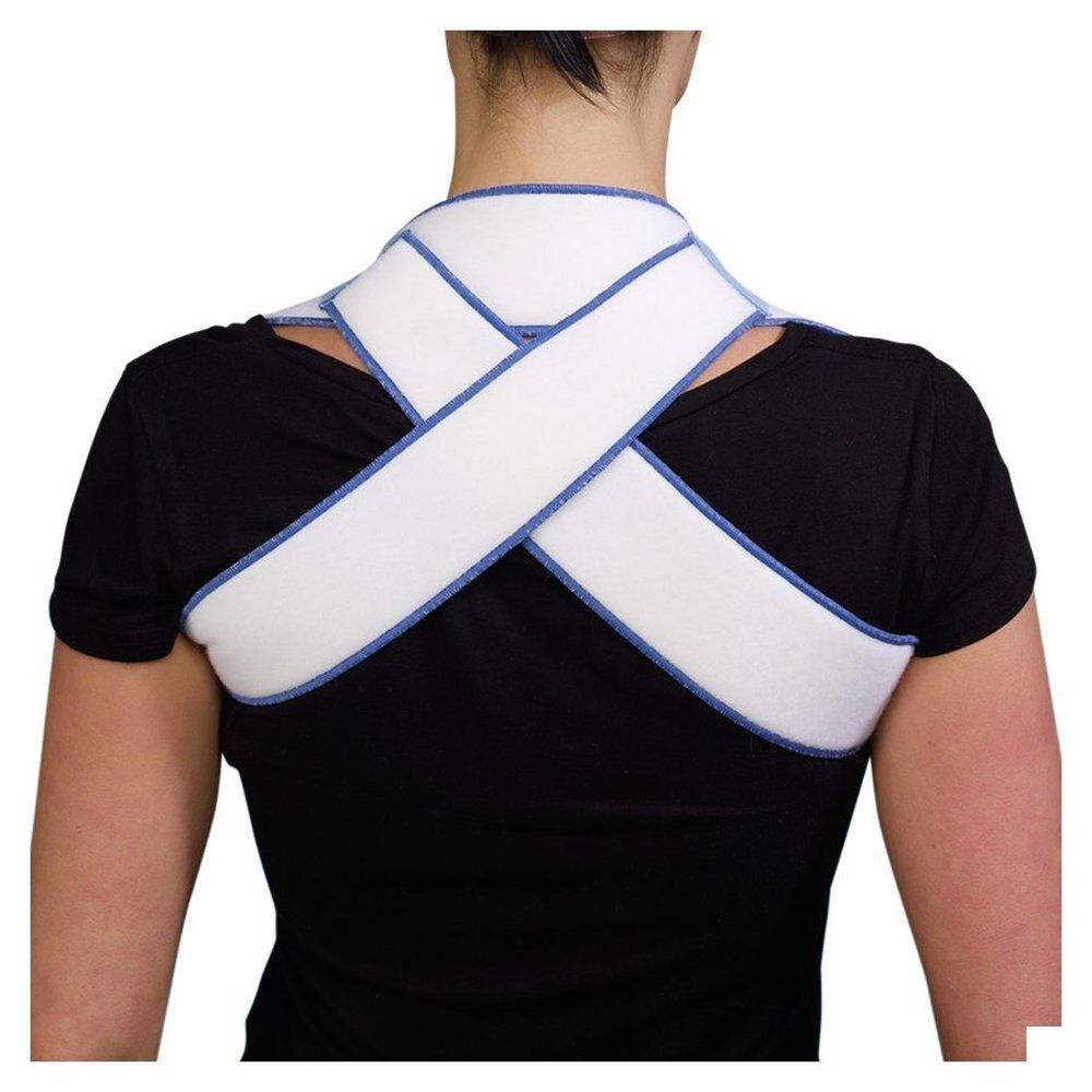 Bota Looping Fixing Band N2. Bandage d'épaule, blanche avec des accents bleus. Porte un t-shirt noir.