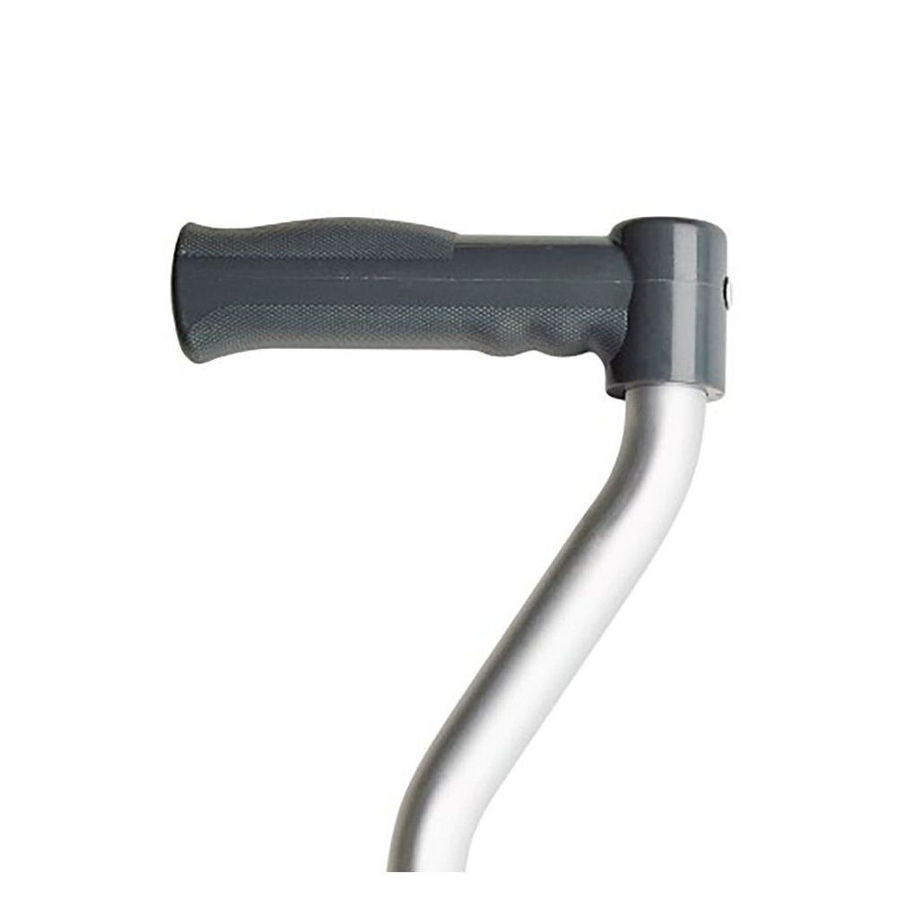 Detailopname van de grijze ergonomische handgreep van een aluminium wandelstok.