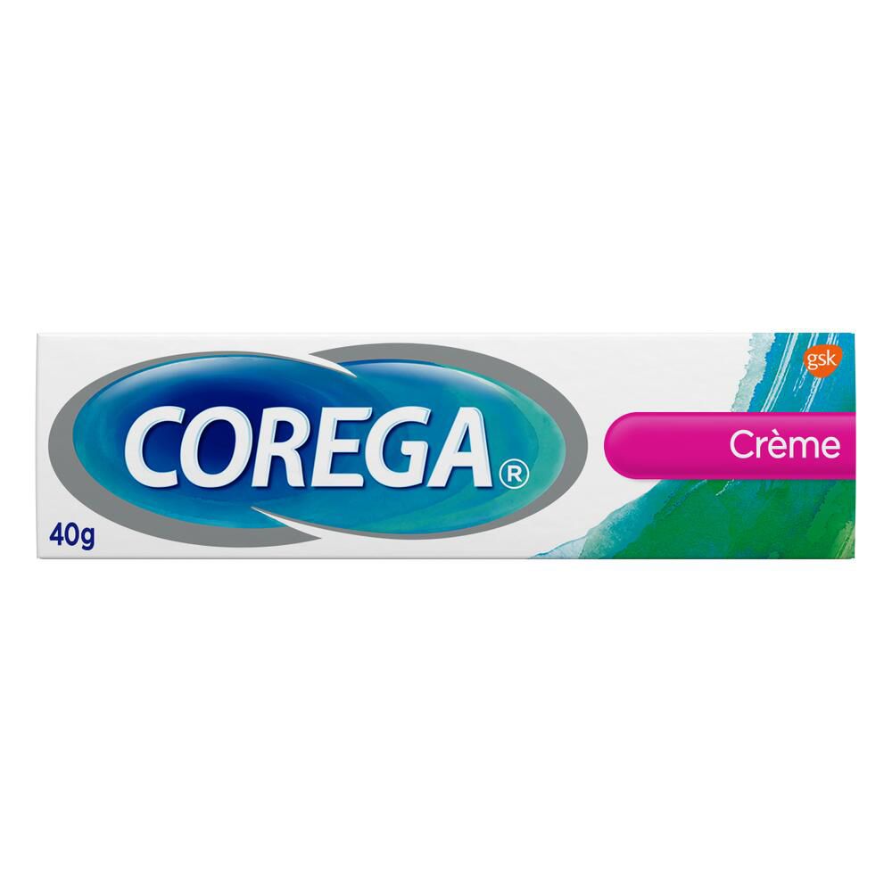 Tube Corega Crème. Wit, blauw, roze. 40g. Merk en productnaam duidelijk zichtbaar.