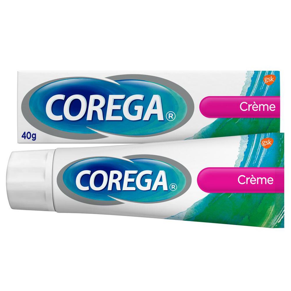 Twee tubes Corega Crème. Wit, blauw, roze. 40g. Merk en productnaam duidelijk zichtbaar.