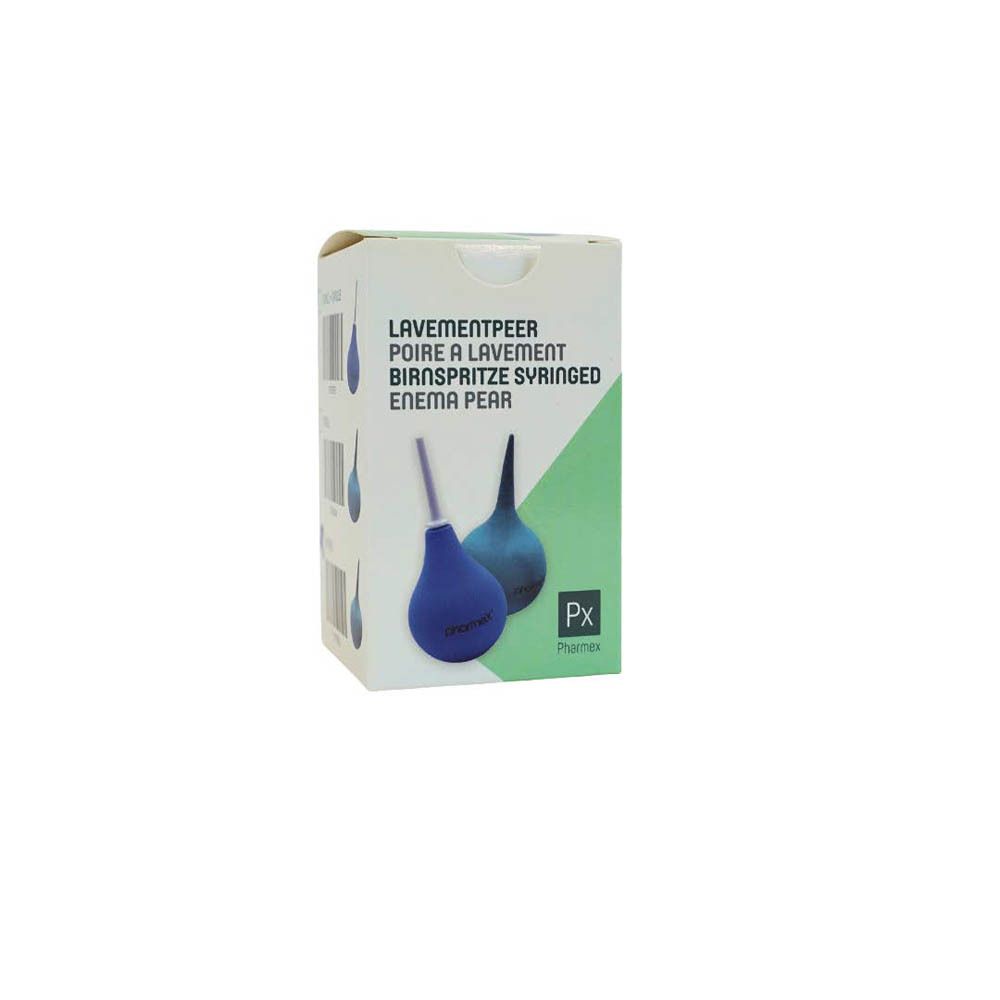 Boîte avec deux poires à lavement bleues. Inscription: Pharmex, Enema Pear. Nom du produit et marque visibles.