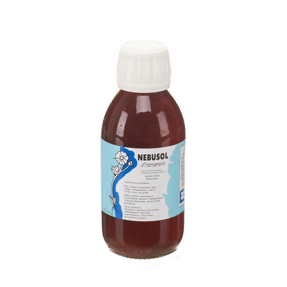 Flacon de liquide brun avec bouchon blanc. L'étiquette indique "NEBUSOL d'Hamamelis".
