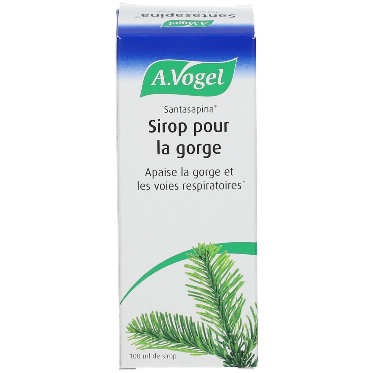 Emballage blanc avec nom et logo du produit. Illustration verte. Texte sur l'emballage.