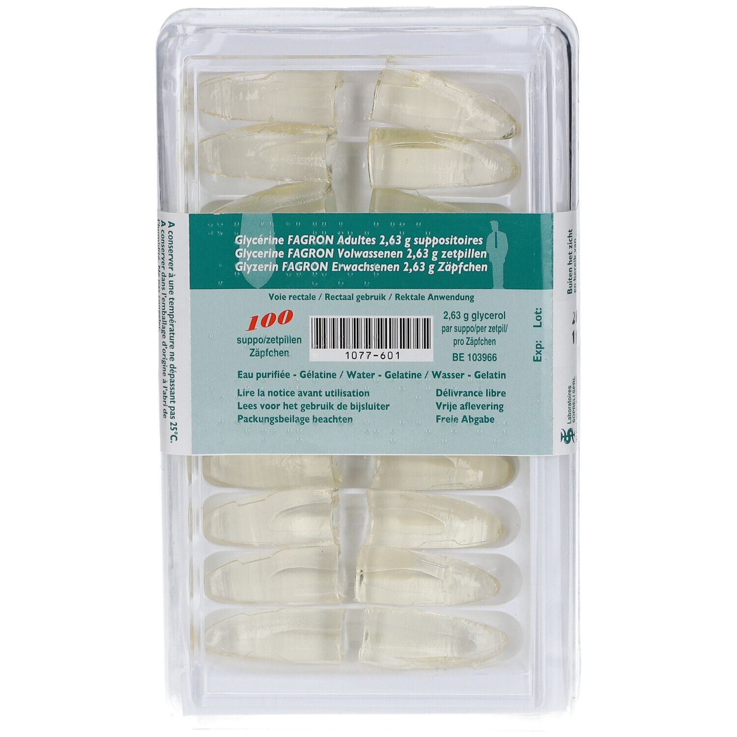 Verpakking van 100 zetpillen in transparante blisters. Opschrift: Glycerine Fagron Adultes 2,63 g suppositoires.