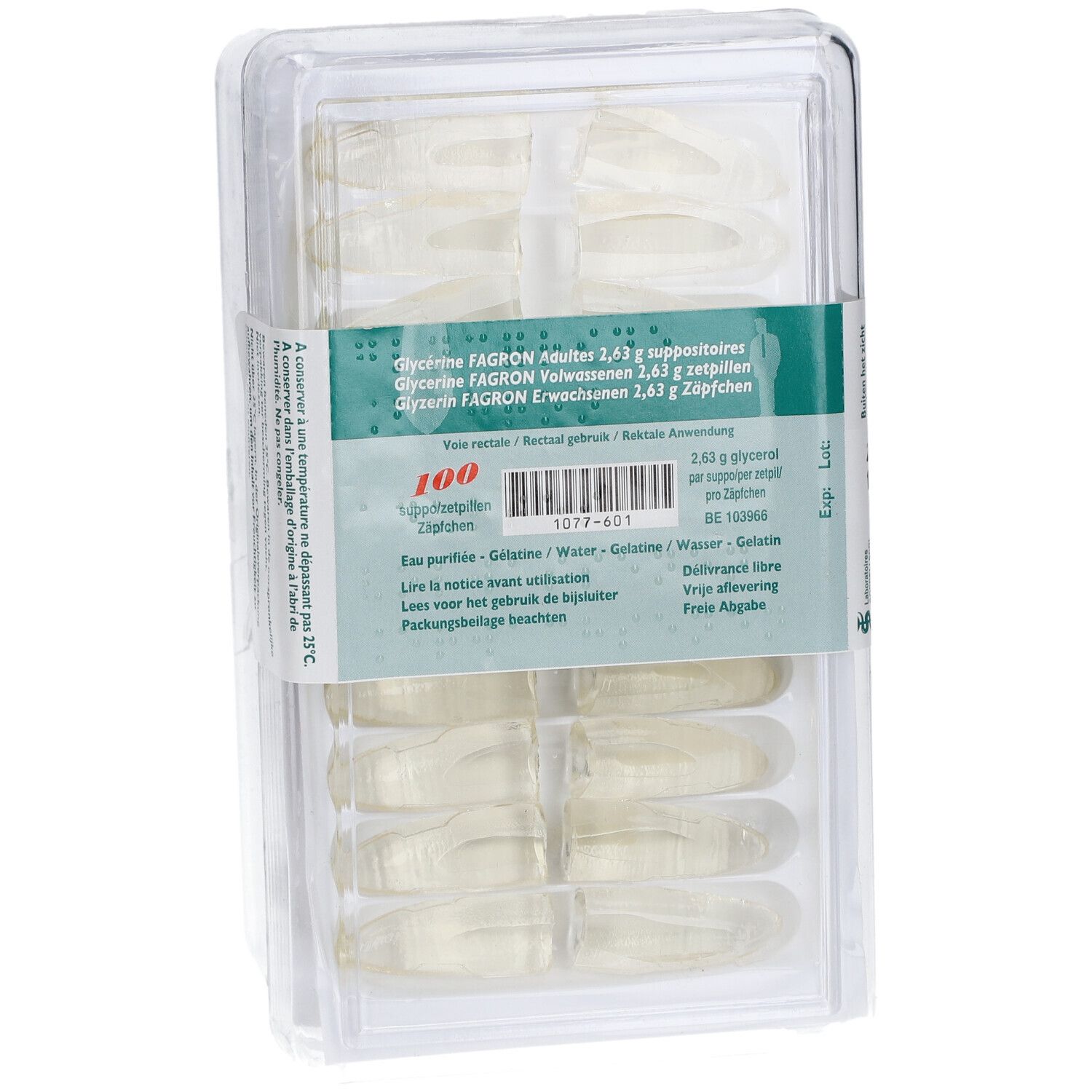 Verpakking van 100 zetpillen in transparante blisters. Opschrift: Glycerine Fagron Adultes 2,63 g suppositoires.