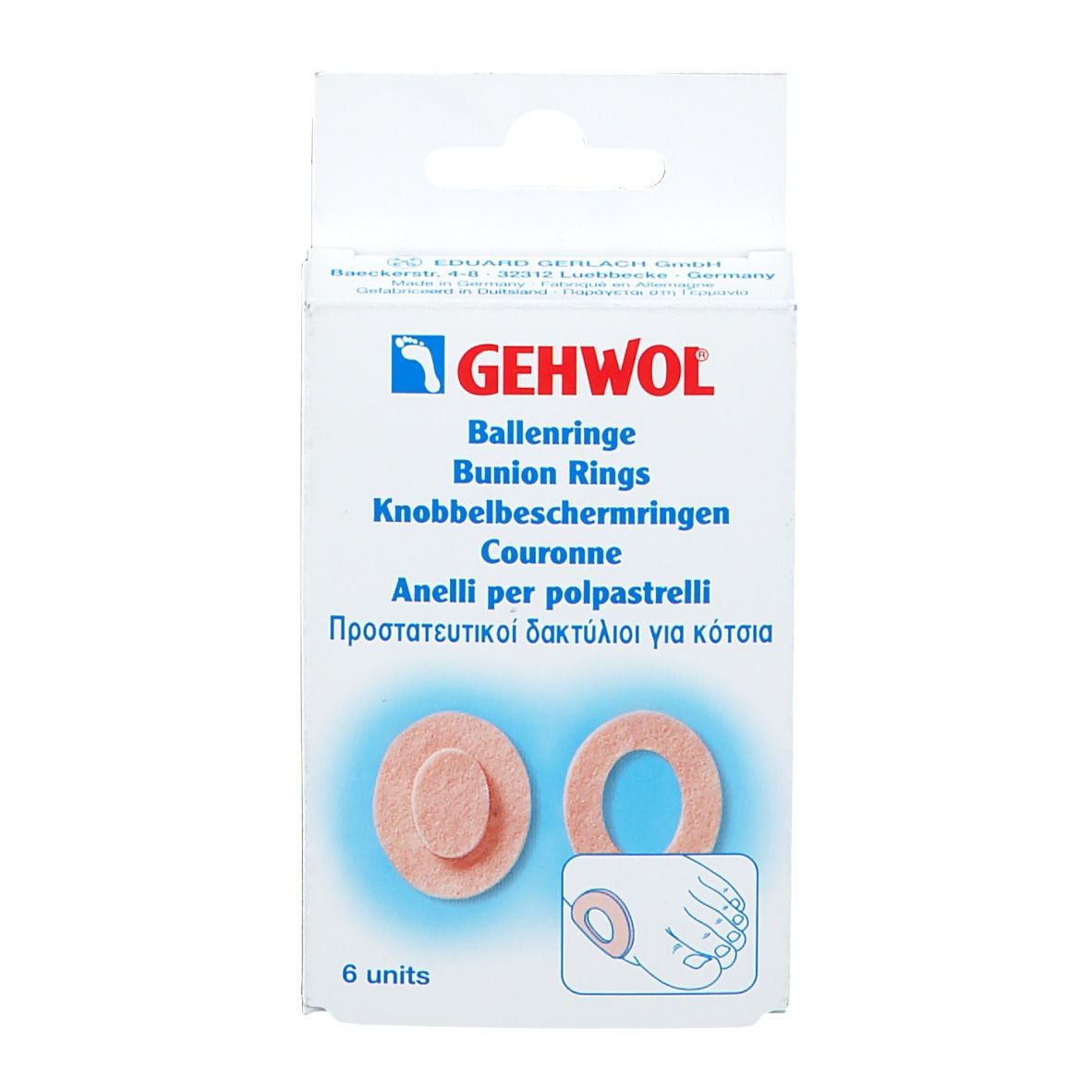 Boîte de GEHWOL Ballenringe. Six anneaux ovales roses. Illustration d'application. Nom du produit et logo visibles.