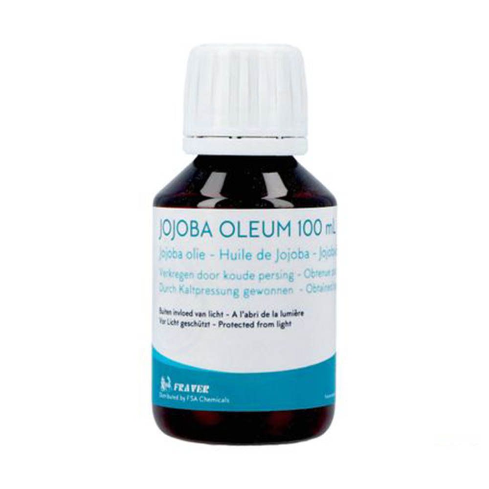 Bruine glazen fles met witte dop. Etiket met productnaam en tekst. Jojoba oleum 100 ml.