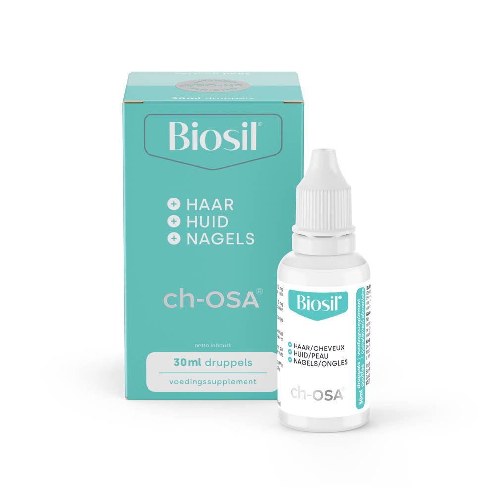 BioSil-druppelfles en verpakking. Opschrift: BioSil, haar, huid, nagels, ch-OSA. 30 ml.
