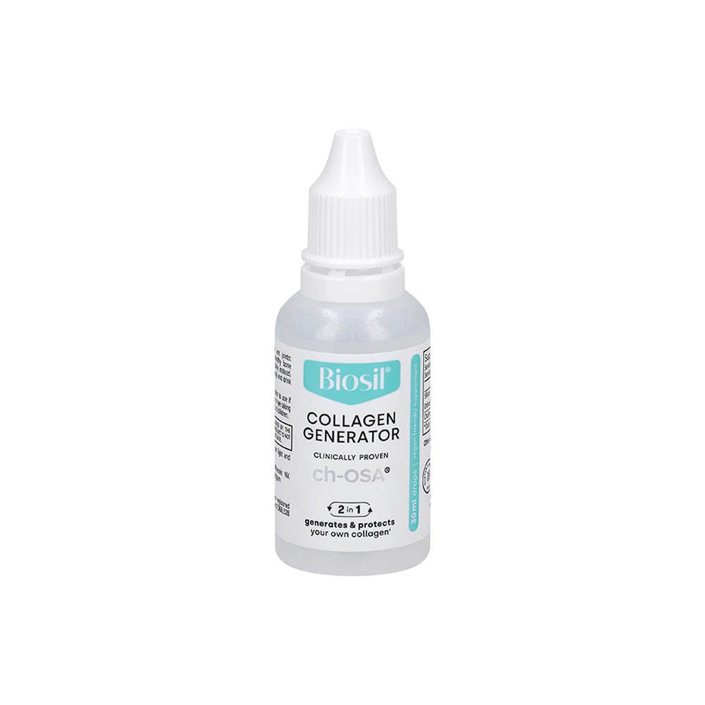BioSil-druppelfles. Opschrift: BioSil, Collagen Generator, ch-OSA. 2-in-1.