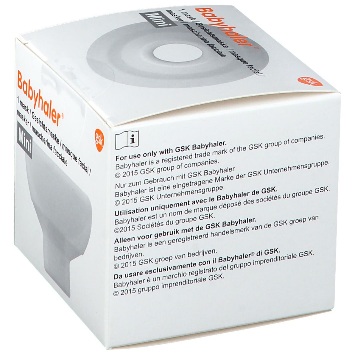 Boîte Babyhaler Mini. Boîte blanche avec nom du produit et image du masque. Texte sur l'utilisation avec GSK.