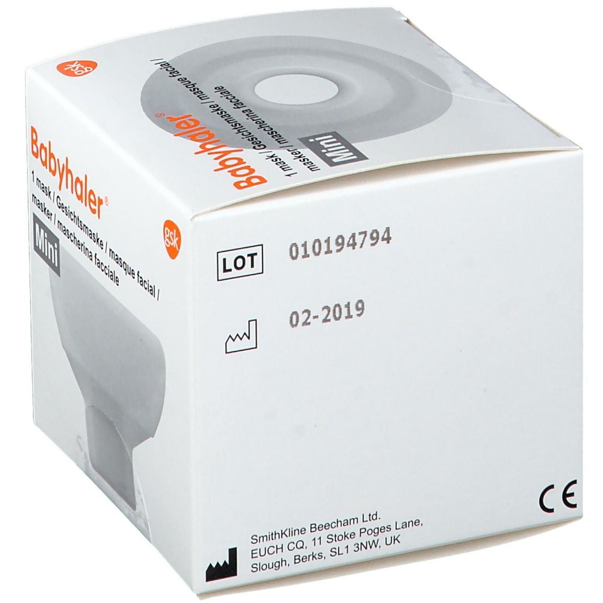 Boîte Babyhaler Mini. Boîte blanche avec nom du produit et image du masque. Numéro de lot et marquage CE.