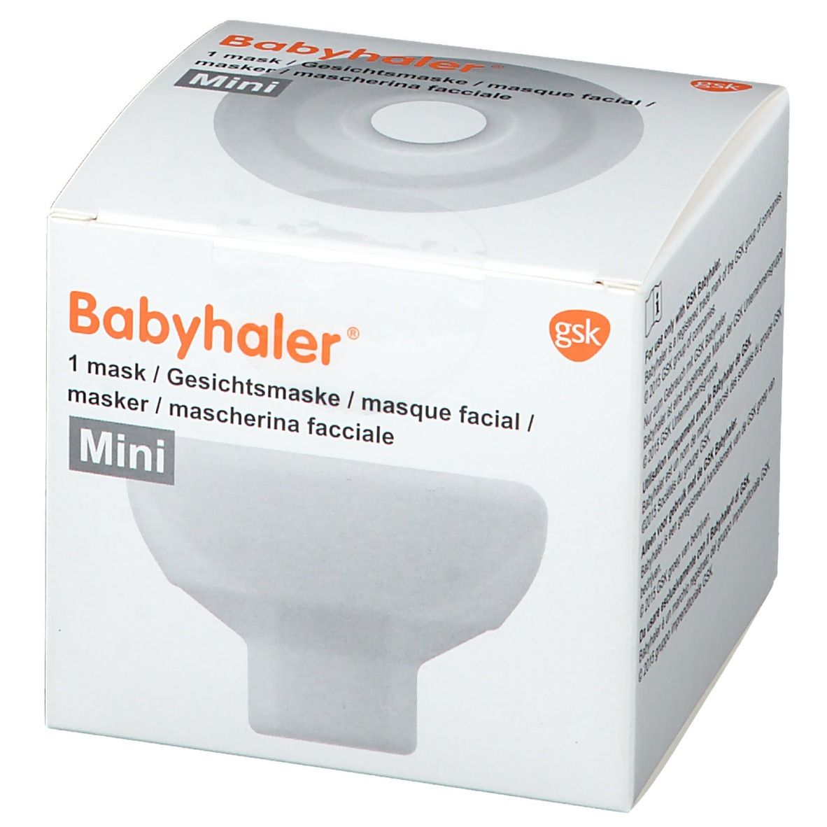 Boîte Babyhaler Mini. Boîte blanche avec nom du produit et image du masque. Logo GSK.